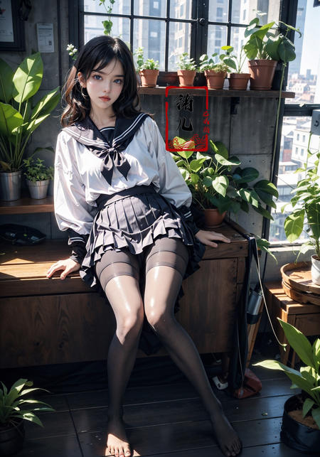 606247209521969376-2120175985-Epic CG masterpiece, an anime girl in a room with plants, no shoes, Black transparent pantyhose, pleated skirt, Sailor suit, sai.jpg